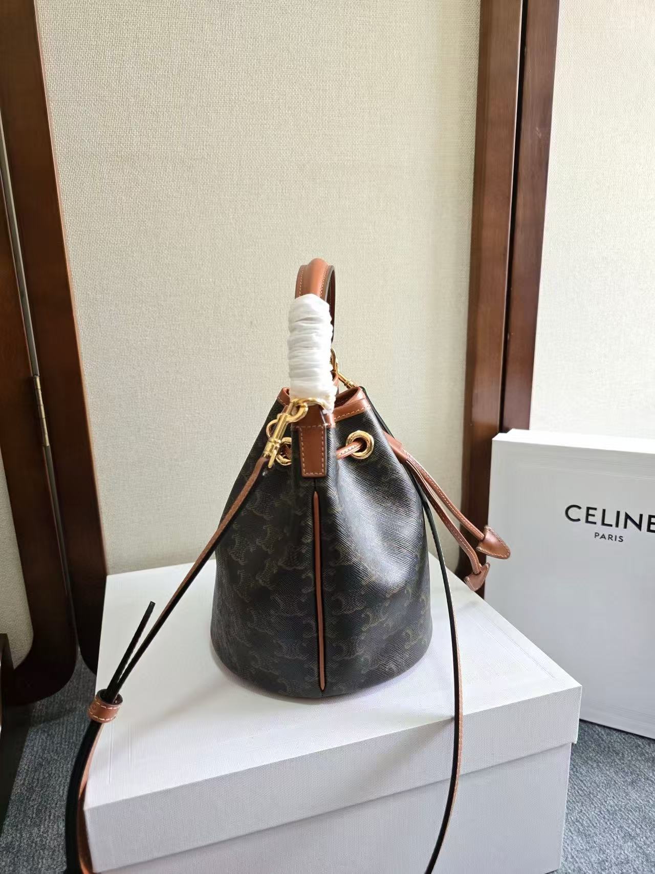 Celine Clara Bag 19 Black Brown Canvas Calfskin