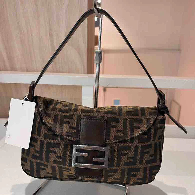 Fendi Zucchino Double Flap Baguette Shoulder Bag, Brown Canvas & Leather | Studio Nafay