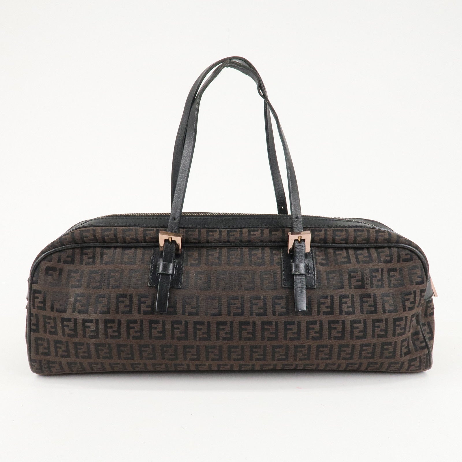 FENDI Zucchino Canvas Cuero Hand Bag Marrón Negro