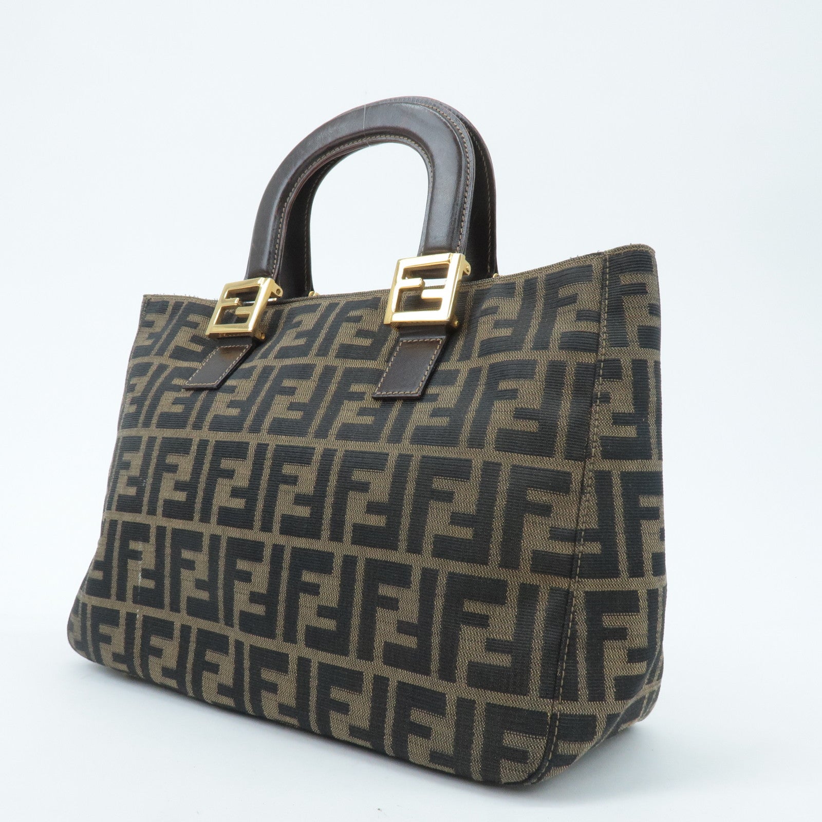 FENDI Zucca Lona Cuero Bolso tote Bolso de mano Marrón