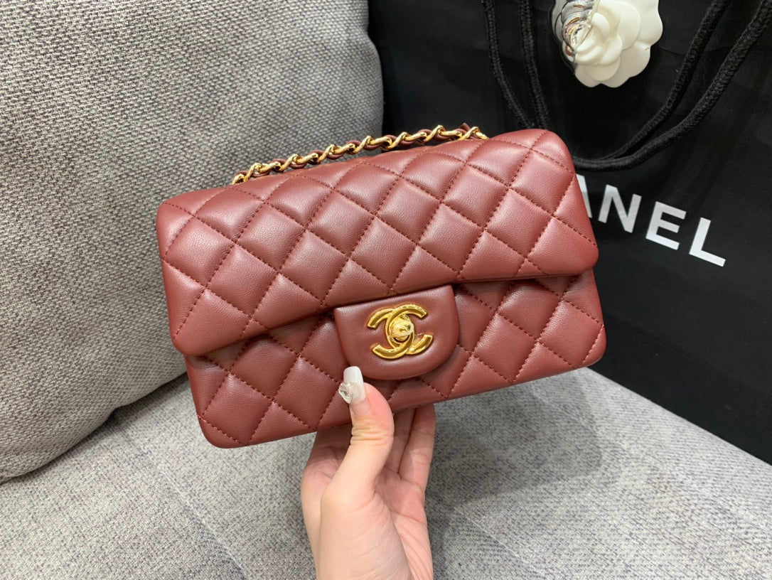 Bolso mini rectangular FLAP BAG 20CM Burdeos Piel de cordero Herrajes dorados