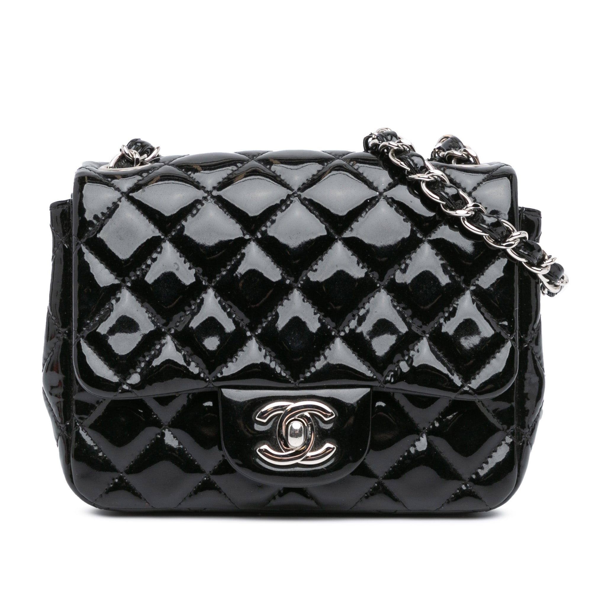 Bolso cruzado Chanel Mini Square Classic de charol con solapa simple en negro