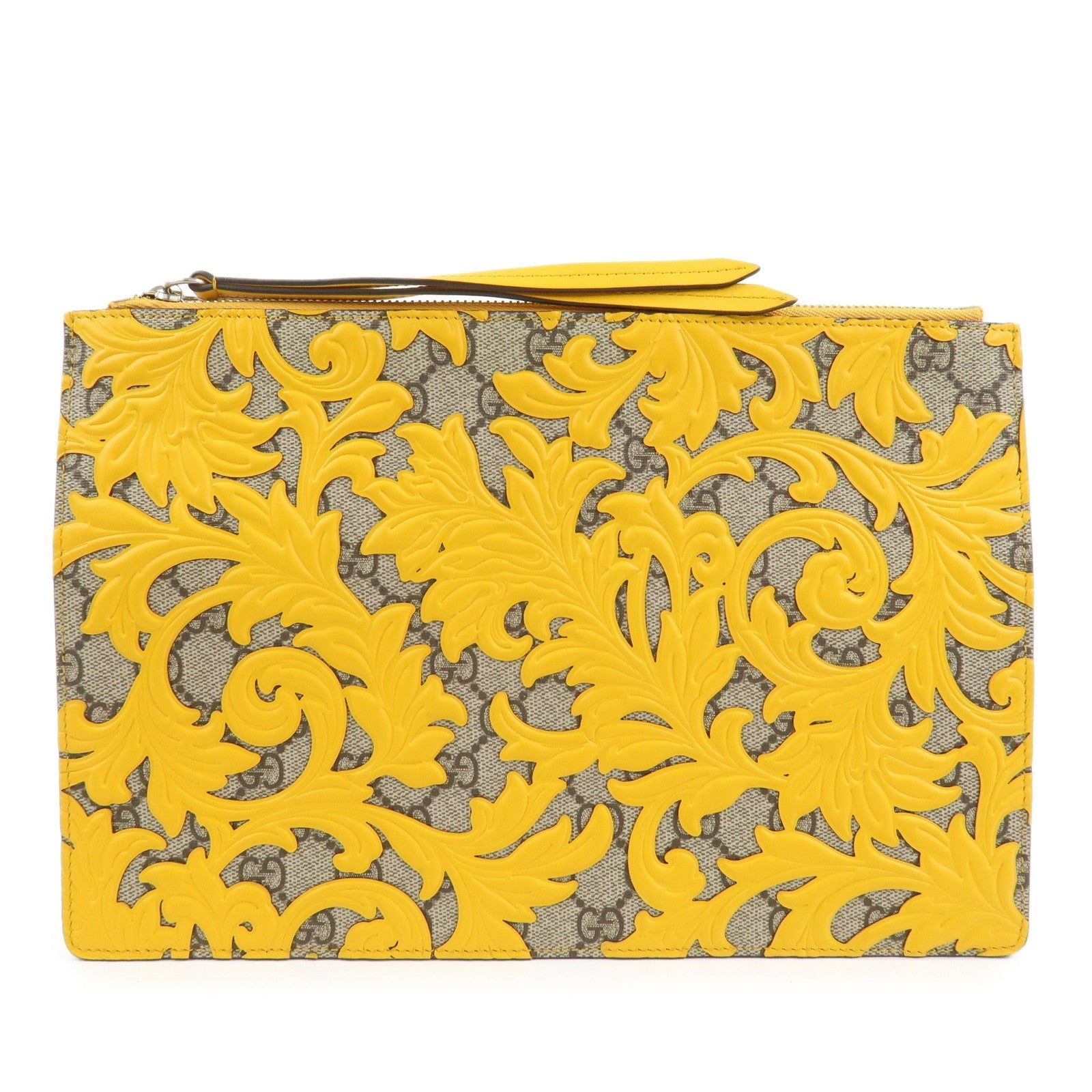 Gucci GG Supreme Arabesque Bolso clutch de cuero Beige Amarillo 410810