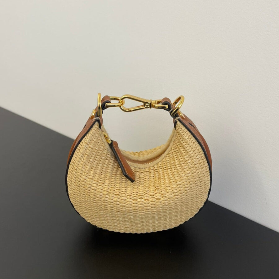 FENDIGRAPHY MINI 16 IN BEIGE STRAW AND BROWN CALFSKIN TRIM GOLD HARDWARE | Studio Nafay