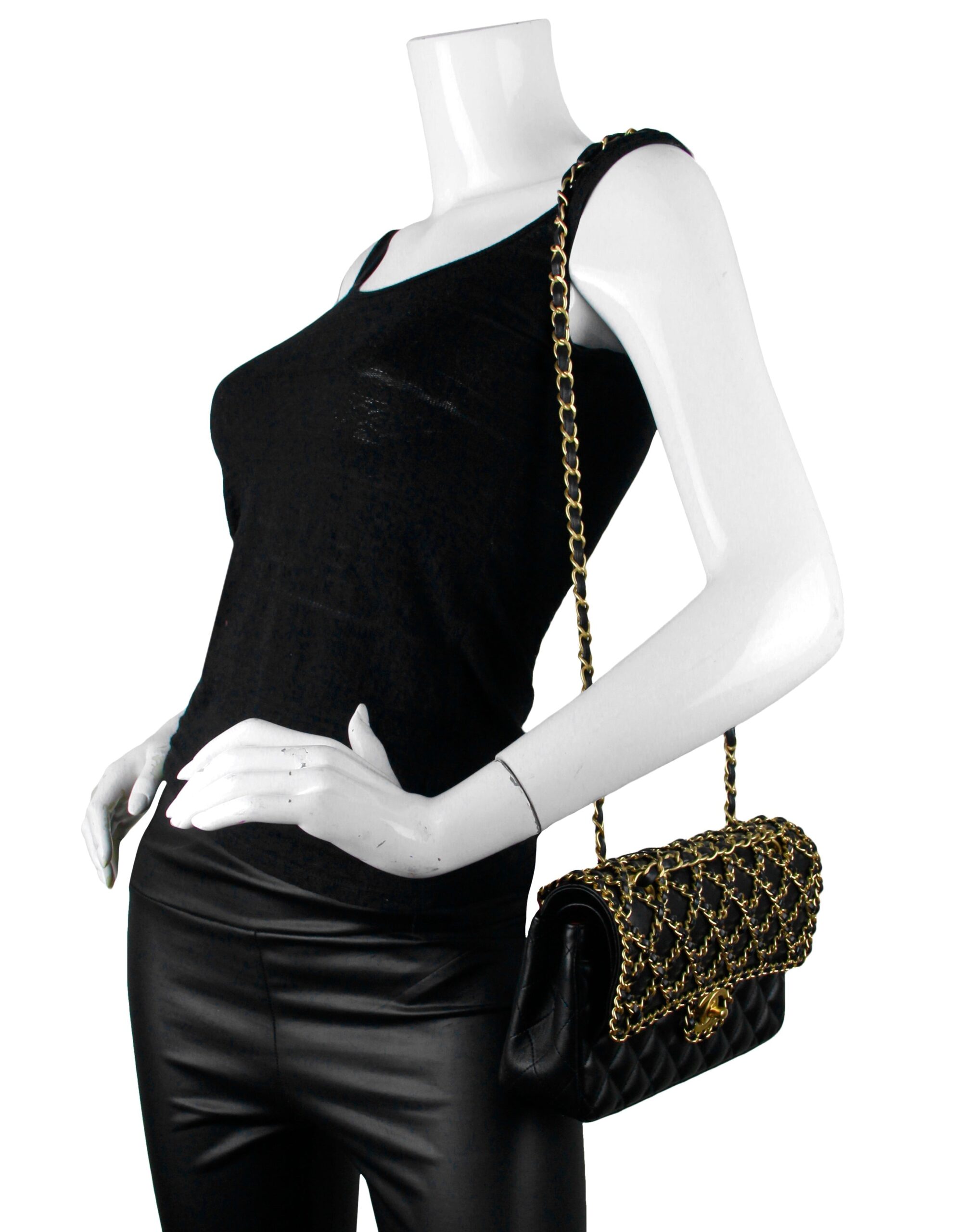 Chanel Black Piel de cordero Cuero Classic Cage Woven Chain Solapa Bolso