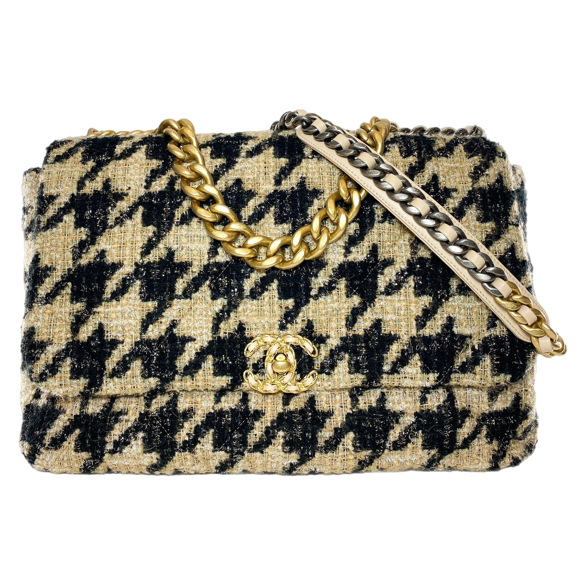 Chanel 19 Bolso con Solapa Maxi de Tweed de Pata de Gallo Negro y Beige