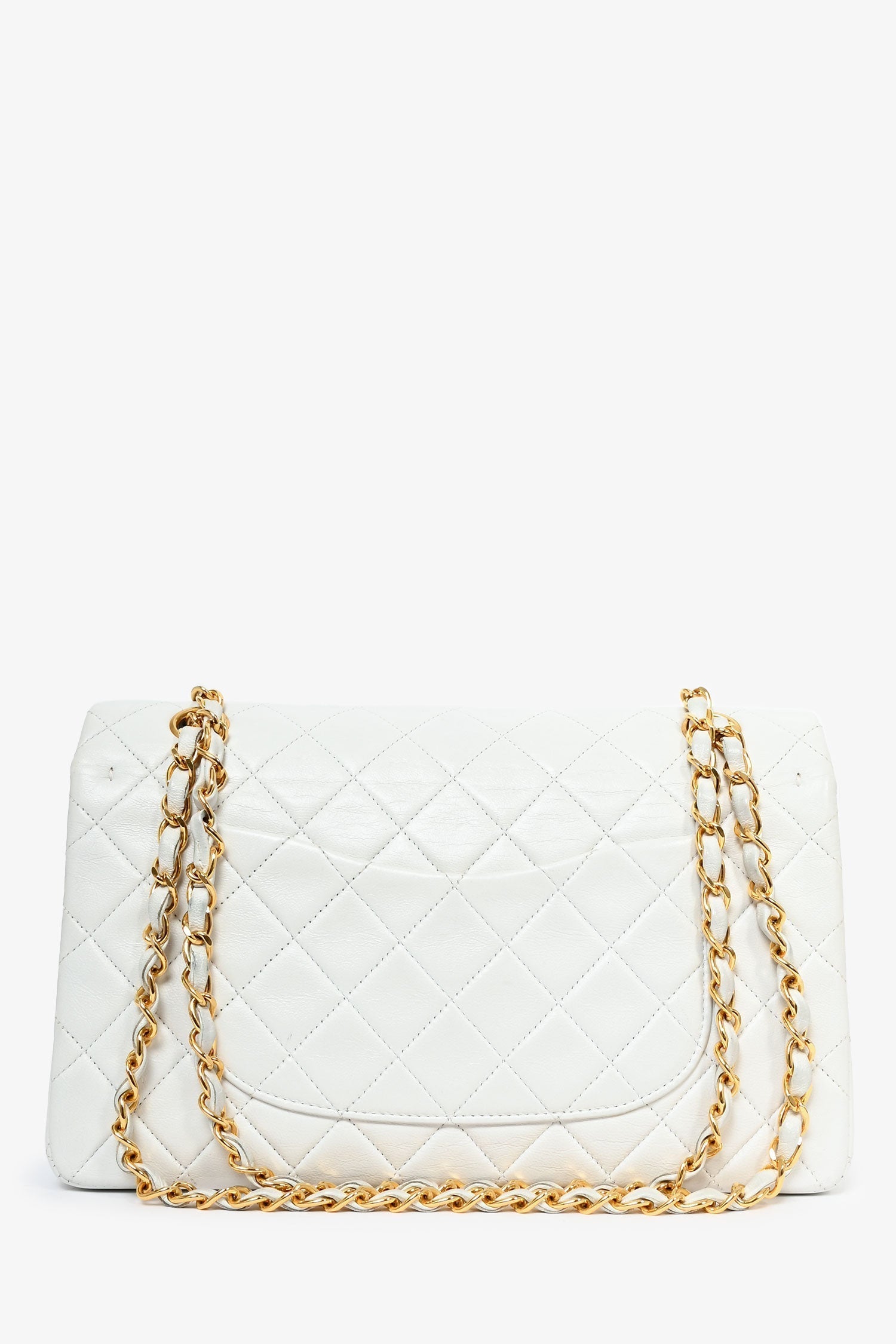 Chanel -94 White Quilted Leather Medium Double Flap (Refurbished) Shoulder Bag