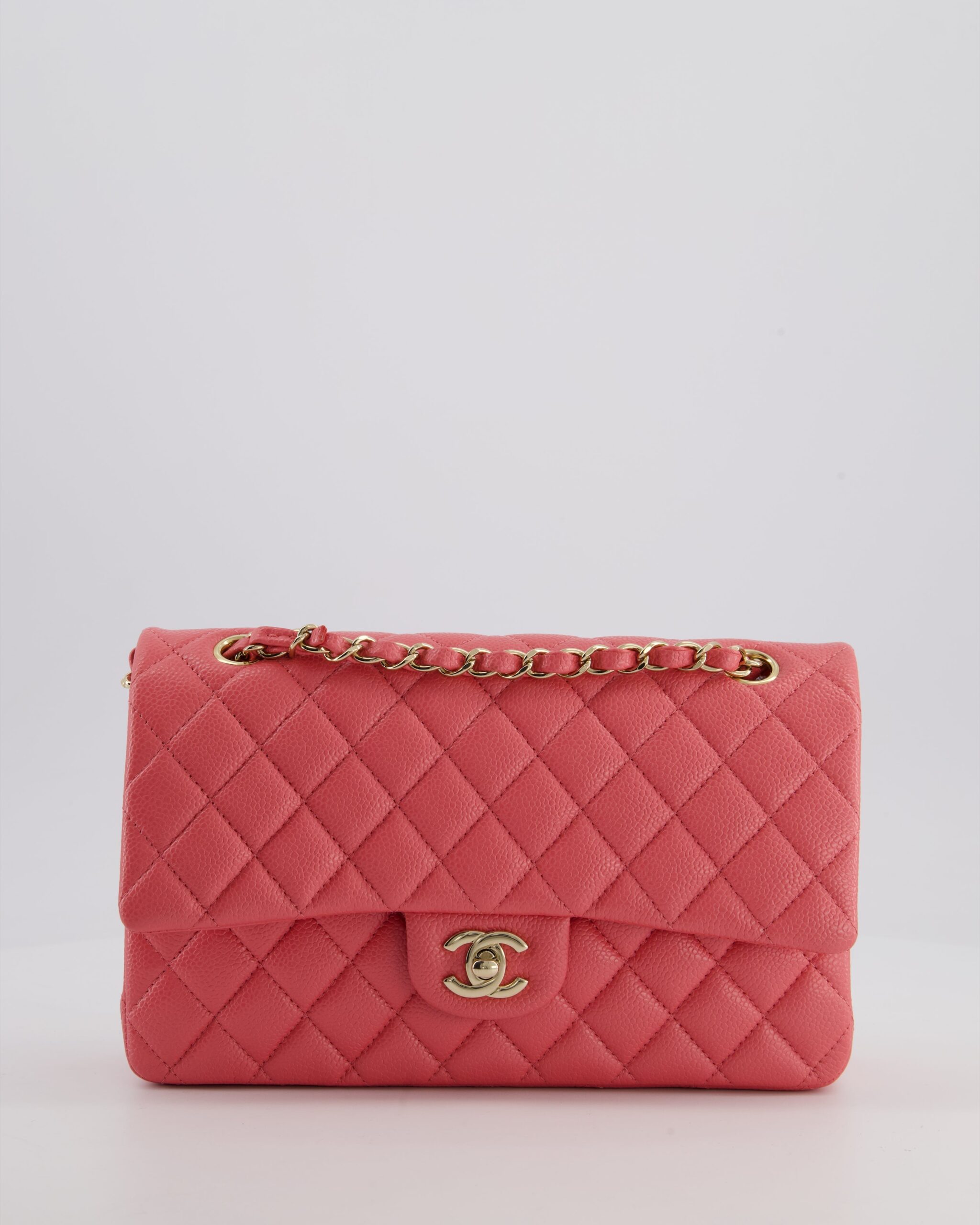 *HOT* Chanel Coral Rosa Classic Mediano Double Bolso de solapa in Caviar Cuero con Champagne Herrajes dorados