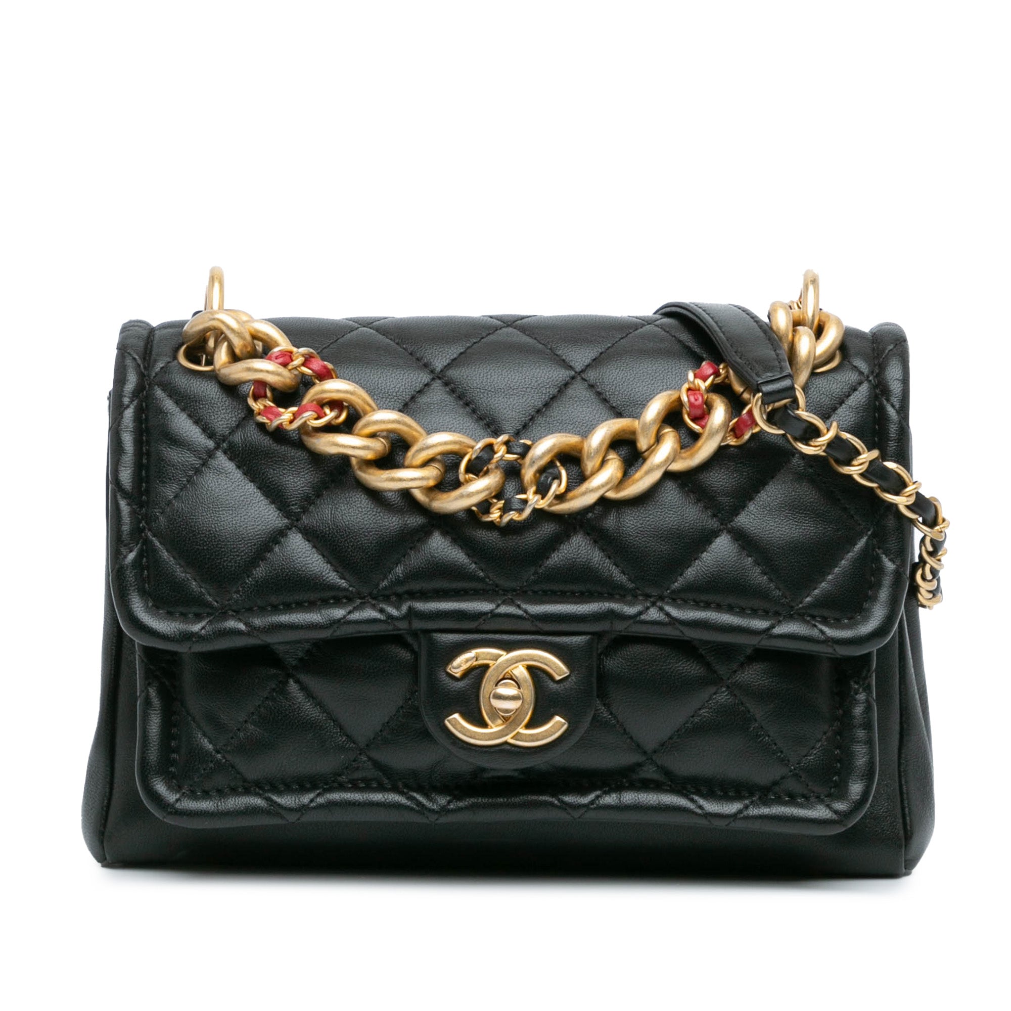 Negro Chanel CC Quilted Lambskin Cadena Link Flap Satchel