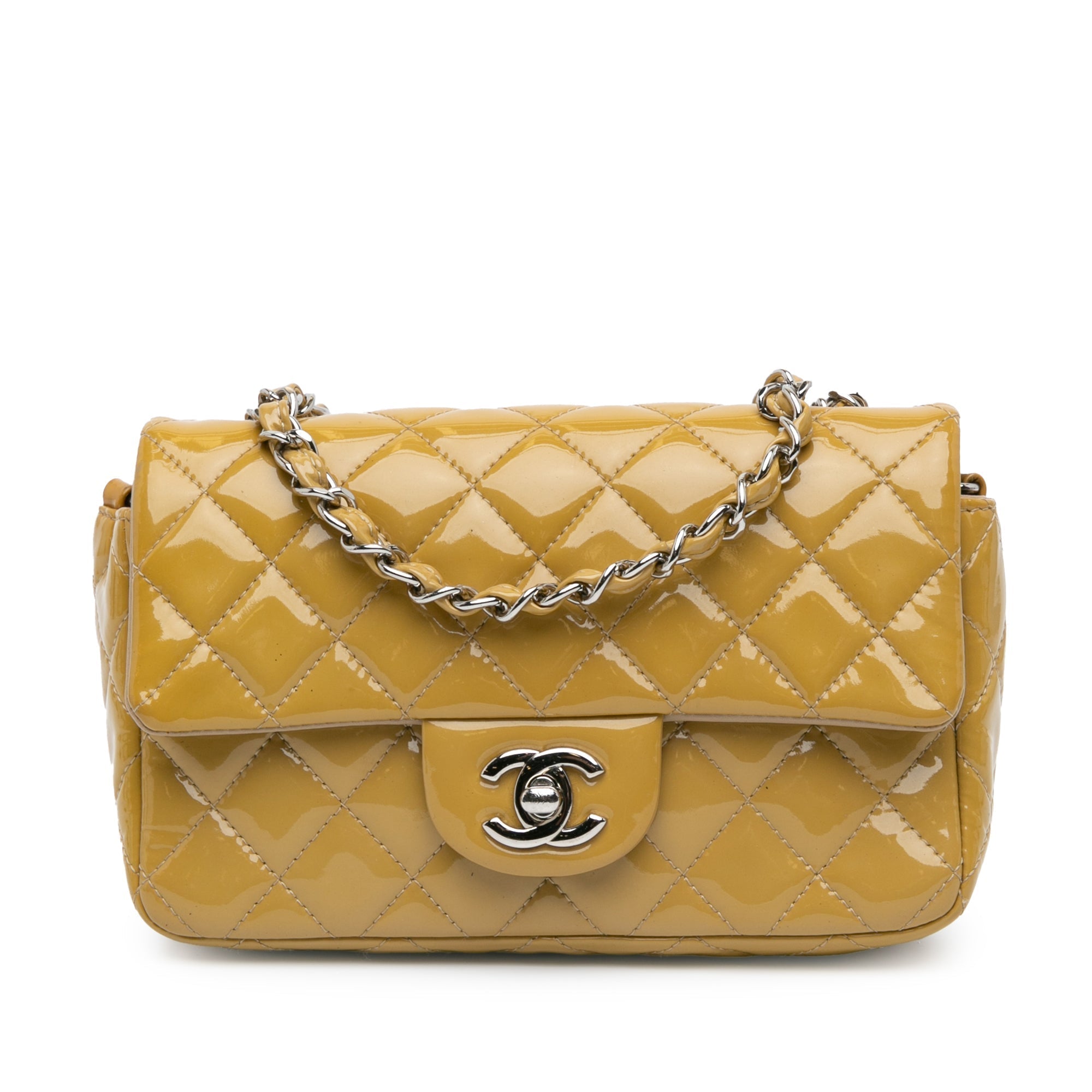 Amarillo Chanel Mini Rectangular Classic Patent Single Flap Bolso bandolera