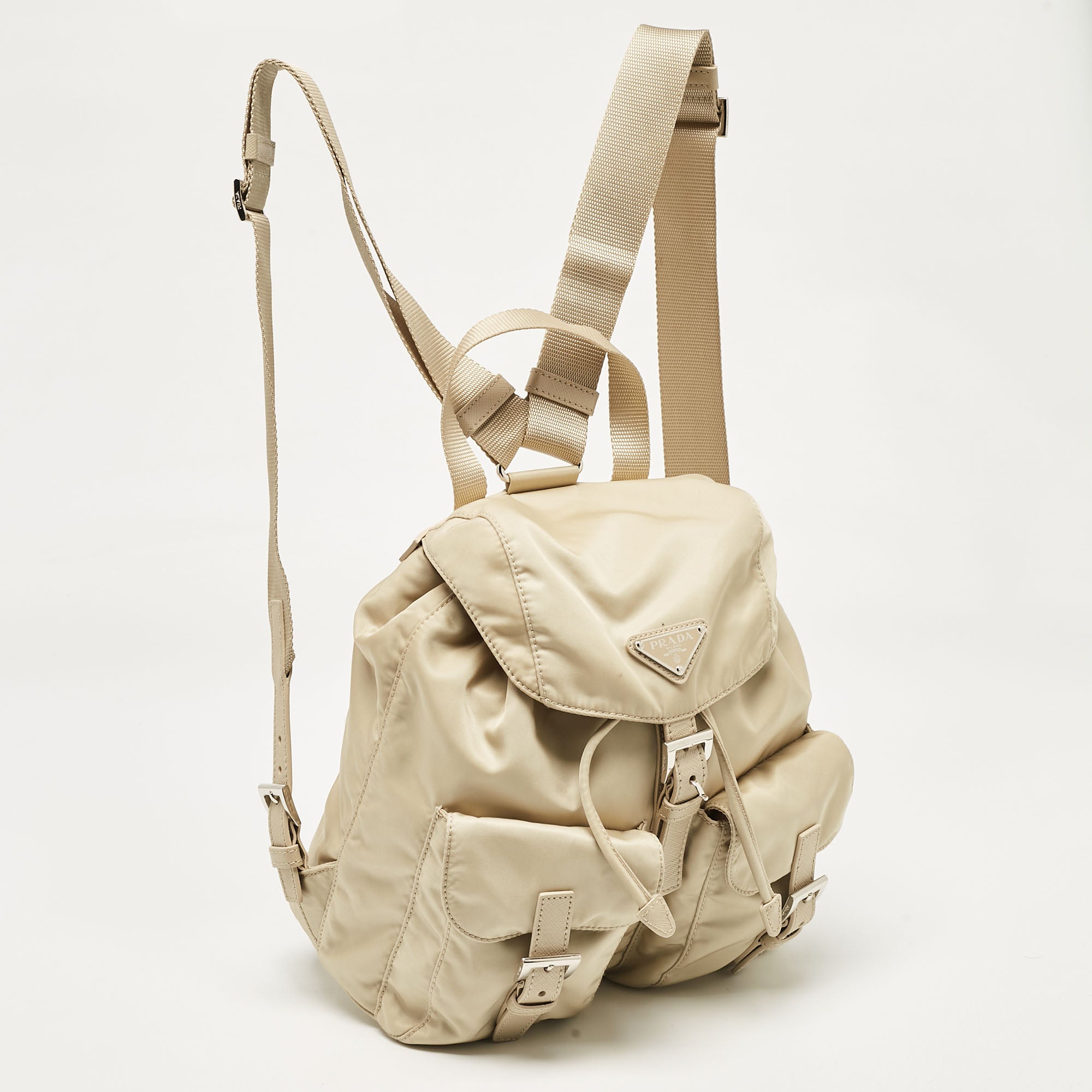 Mochila con cordón Prada de nailon y Cuero Beige