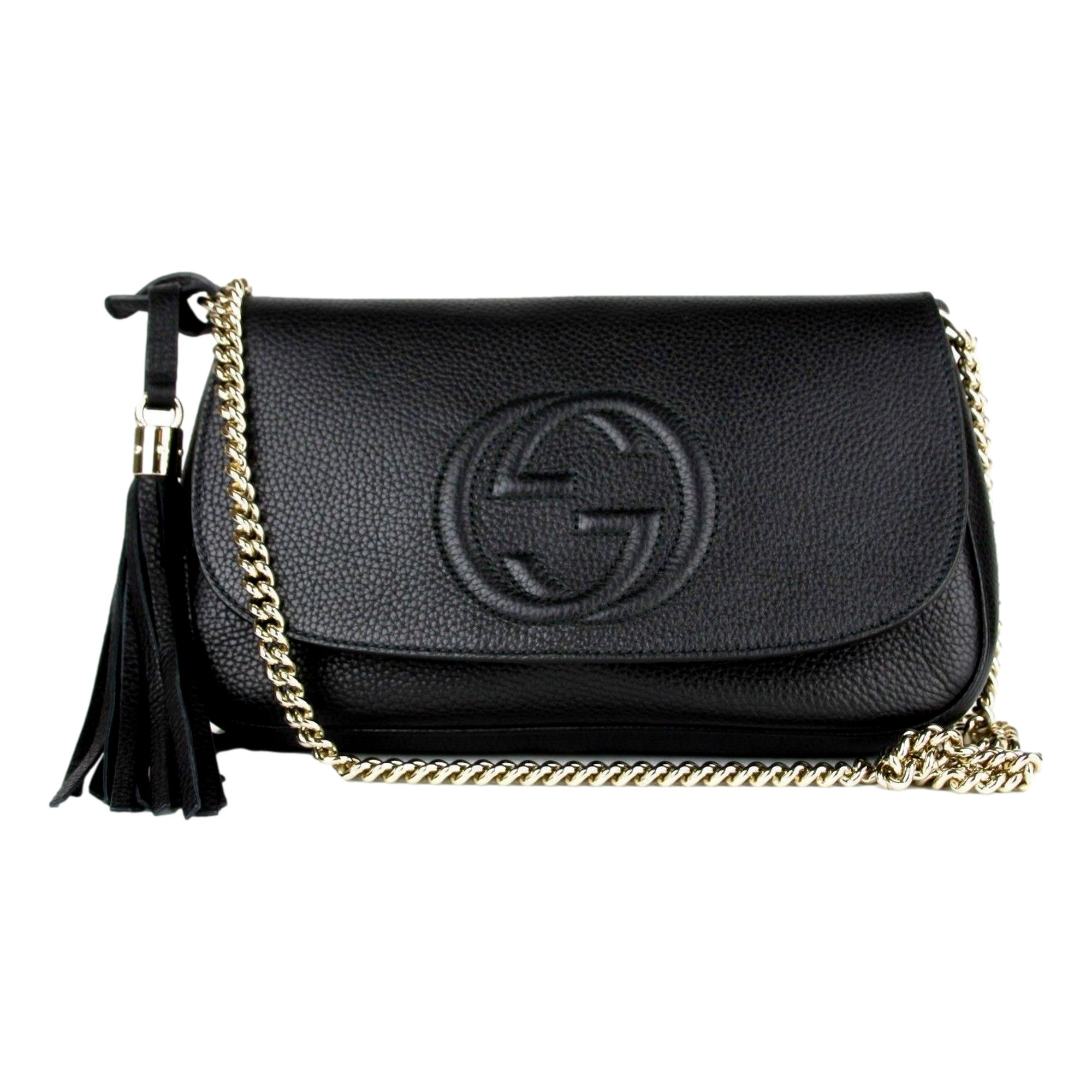 Gucci Soho Disco GG Negro Piel de becerro Borla Cadena Bolso cruzado