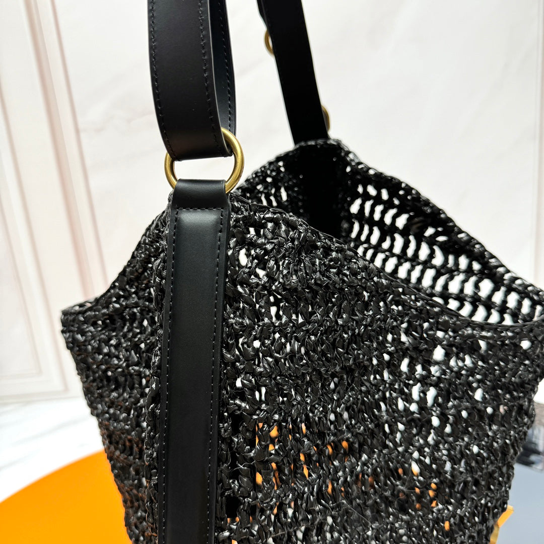 YSL OXALIS 37CM Negro RAFFIA TAN Piel de becerro