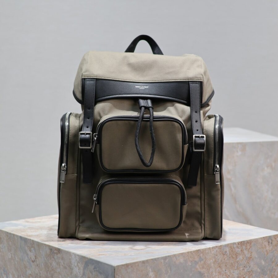 CITY MULTI-POCKET BACKPACK 42 IN KHAKI GREEN NYLON AND BLACK SMOOTH CALFSKIN | Studio Nafay